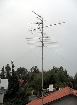 Rooftop television antennas like these are required to receive analog terrestrial television in fringe reception areas far from the transmitter.
