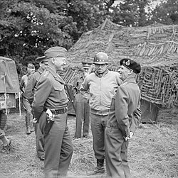 Bradley (center) with Patton (left) and Montgomery (right) at Montgomery's 21st Army Group HQ, Normandy, 7 July 1944