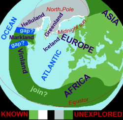 Based on the medieval Íslendingasögur sagas, including the Grœnlendinga saga, this interpretative map of the "Norse World" shows that Norse knowledge of the Americas and the Atlantic remained limited.