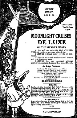 1920 advertisement for "Moonlight Cruises De Luxe" on a steamer at New Orleans which featured Marable's band.