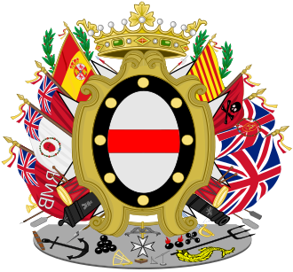 Coat of arms of Santiago de Liniers, 1st Count of Buenos Aires, which he used as viceroy of the Río de la Plata. Observe the six flags captured from the British during the English Invasions. [35]