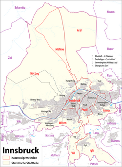 Cadastral settlements (red) and wards (grey) of Innsbruck