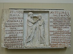 An inscribed funerary relief of Aurelius Hermia and his wife Aurelia Philematio, former slaves who married after their manumission, 80 BC, from a tomb along the Via Nomentana in Rome