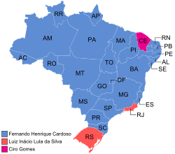 Map of the 1998 Brazilian presidential election. Ciro only managed to win his home state of Ceará.