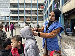 Polio vaccines being administered at an UNRWA shelter in Al-Shati refugee camp during the 2024–25 Gaza Strip polio epidemic