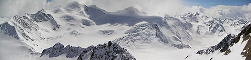 A glacial region in winter, close to the valley Ötztal in Tyrolia. The highest peak is the Wildspitze (3,768 metres (12,362 ft)), the second highest mountain in Austria.