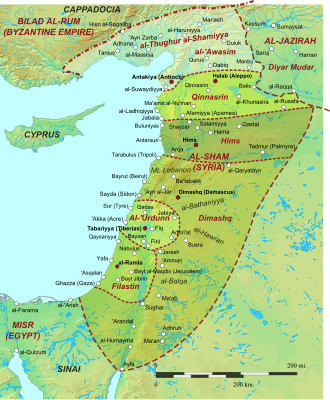 Map of Islamic Syria (Bilad al-Sham), the metropolis of the Umayyad Caliphate. The founder of the Umayyad Caliphate, Mu'awiya I, had originally been governor of the junds (military districts) of Damascus (Dimashq) and Jordan (al-Urdunn) in 639 before gaining authority over the rest of Syria's junds during the caliphate of Uthman (644–656), a member of the Umayyad family