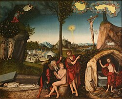 The Law and the Gospel by Lucas Cranach the Elder (1529); Moses and Elijah point the sinner to Jesus for salvation.