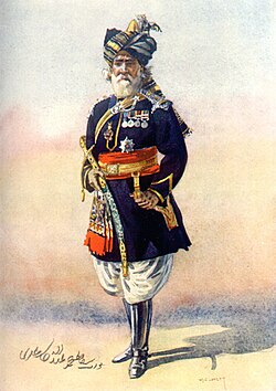 Officer of the 15th Lancers (Cureton's Multanis), painted by Maj. A. C. Lovett. The regiment served in France during the 1914 Winter Operations.[45]