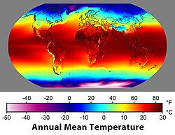 Map of the average temperature over 30 years. Data sets formed from the long-term average of historical weather parameters are sometimes called a "climatology".