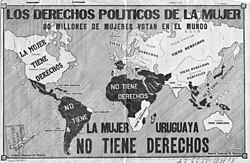 A 1929 map color-coded to indicate women's suffrage and noting "Uruguayan Women Do Not Have Rights".[13]