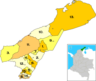 Municipalities of La Guajira Department. Municipality and city of Riohacha highlighted in dark gray and red respectively.