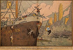 Illustration depicting anti-Nazi demonstrators attacking Bremen docked in New York Harbor, United States on 26 July 1935.