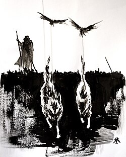 Modern ambiguous ink painting of Odin with his two ravens Huginn and Muninn, as well as his two wolves Geri and Freki