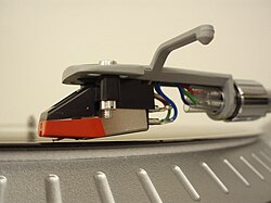 A 12-inch LP being played. The stylus is in contact with the surface.