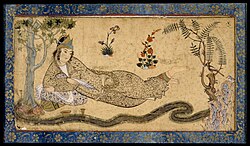 Belqeys, Queen of Sheba, one of the legendary figures[212] in the Bible whose story is told without naming in the Quran,[213] lying in a garden, facing a hoopoe, Solomon's messenger. Persian miniature (c. 1595).