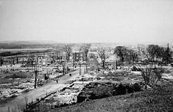 LeBreton Flats after the 1900 Hull–Ottawa fire. The fire destroyed one-fifth of Ottawa and two-thirds of neighbouring Hull, Quebec.