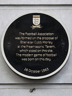 Plaque commemorating the formation of the Football Association in 1863 at the Freemasons' Tavern in London