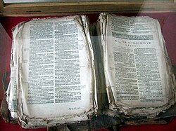 Welsh Bible of 1620, in Llanwnda church, rescued from the hands of French invaders in 1797[39]
