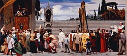 Lord Leighton's Cimabue's Celebrated Madonna of 1853–55 is at the end of a long tradition of illusionism in painting, but is not Realist in the sense of Courbet's work of the same period.
