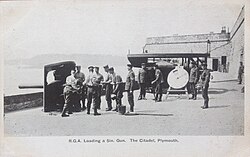 Royal Garrison Artillery training on various types of Coast Artillery equipment at the Royal Citadel, Plymouth, c1905