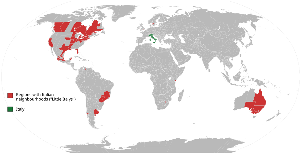 World map of first level subdivisions (states, counties, provinces, etc.) that are home to Little Italys or Italian neighbourhoods