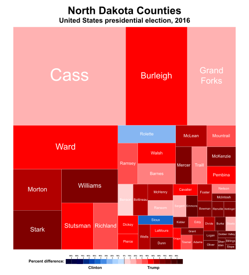 Treemap of the popular vote by county, 2016 presidential election