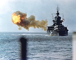 Battleship USS Idaho shelling Okinawa on 1 April 1945