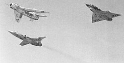 Pakistan Air Force's Cold War Fleet of the 1960s heavily used during the September War of 1965. Above is a PAF's 3-ship formation consisting of a Shenyang F-6, Lockheed F-104 & Dassault Mirage-III.