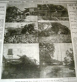 A collage of damage pictures in an edition of The Daily Picayune from the hurricane in Bay St. Louis, Mississippi