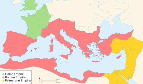The Roman Empire suffered internal schisms, forming the Palmyrene Empire and the Gallic Empire