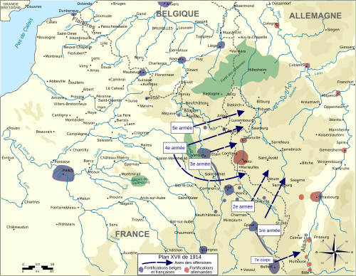 French strategists had approved Plan XVII in May 1913 to be implemented in the event of a war between France and Germany. It envisioned an all-out counter-offensive to meet a German attack. The actual implementation of Plan XVII in five phases begun on 7 August, now known as the Battle of the Frontiers, resulted in a French defeat.