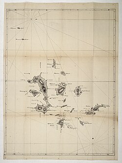 A manuscript map of the islands from the charts drafted by James Colnett of the British Royal Navy in 1793, adding additional names