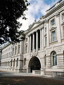 The Embankment terrace entrance to the Strand Campus overlooking the River Thames, originally designed by Sir William Chambers, was completed by Sir Robert Smirke in 1835