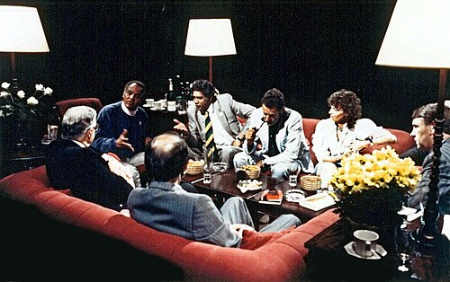 Appearing (second from left) on the British television discussion programme After Dark, in 1988