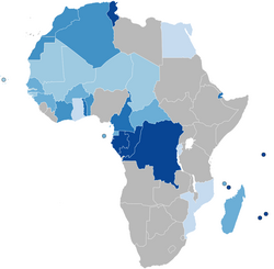 Countries of Africa by percentage of French speakers in 2023 0–10% Francophone 11–20% Francophone 21–30% Francophone 31–40% Francophone 41–50% Francophone >50% Francophone