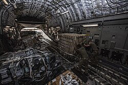 US Air Force personnel unload a C-17 aircraft carrying medical supplies in Niamey, Niger, in April 2020.