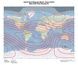 Map of the intensity of Earth's magnetic field, using conventional units of nanoTesla, nT
