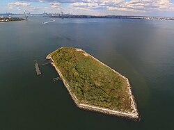 An aerial view of Hoffman Island, which was planned to be expanded with rock mined from the tunnel