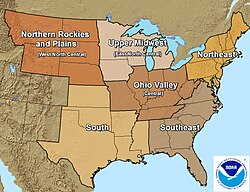 The map shows the six easternmost weather regions of the United States for which the regional snowfall index is calculated.