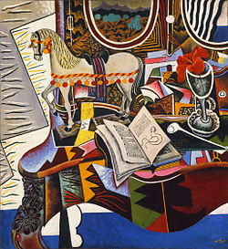 Joan Miró, 1920, Horse, Pipe and Red Flower, oil on canvas, 82.6 × 74.9 cm, Philadelphia Museum of Art. Exhibited Exposició d'Art francès d'Avantguarda, Galeries Dalmau, 26 October – 15 November 1920, reproduced in the catalogue[17]