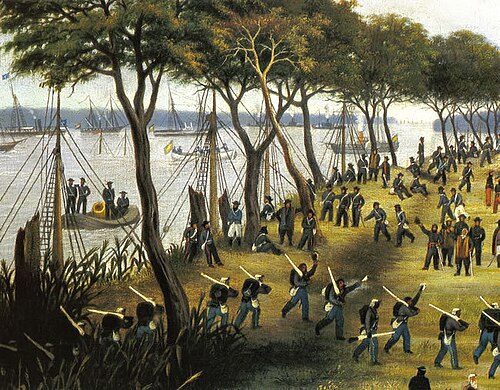 Invasion of Paraguay. Ferried by the Brazilian navy, Argentine troops land at Curuzú. The brunt of the military effort was borne by Brazilian soldiers.