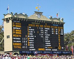 The Adelaide Oval cricket scoreboard during an Ashes Test in Australia