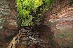 Fine sandstone, siltstone and argillites of the bunter sandstone layer (Lower Triassic) in the Seltenbach Gorge in the Spessart