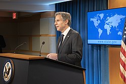 Secretary of State Antony Blinken delivers remarks to the media