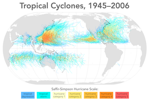 Map of all tropical cyclone tracks from 1945 to 2006