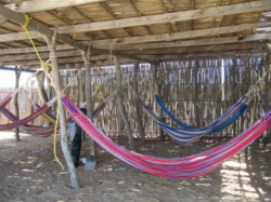 Typical Wayuu rectangular "day house" with hammocks by the Caribbean Sea.
