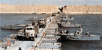 Egyptian vehicles crossing the Suez Canal on 7 October 1973, during the Yom Kippur War