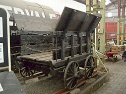 A replica of a "Little Eaton Tramway" wagon, 1795; the tracks are plateways.