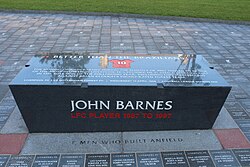 Barnes' plinth outside Anfield marking his ten years with Liverpool. The inscription commemorates his performance in the 5–0 win over Nottingham Forest in April 1988.